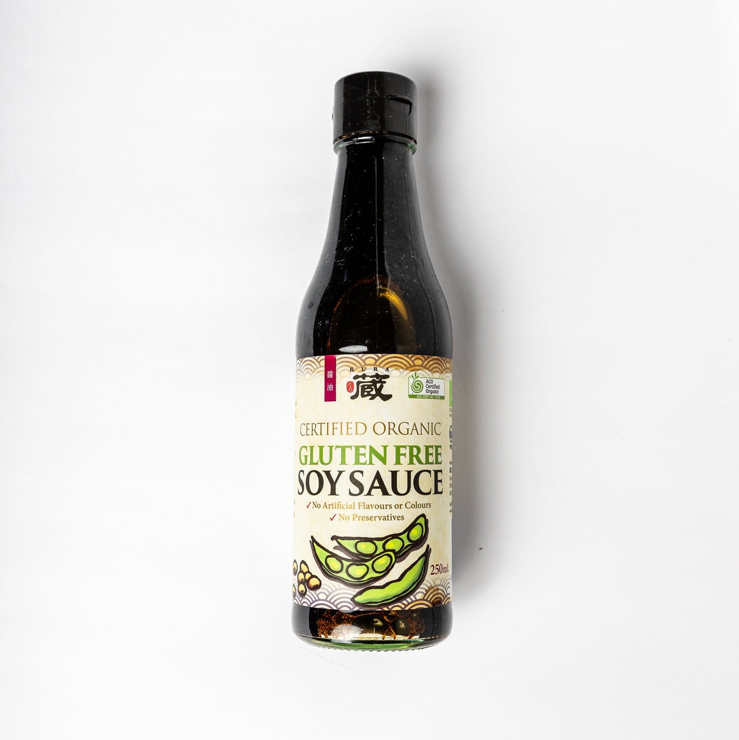 Bottle of gluten-free soy sauce on a white background