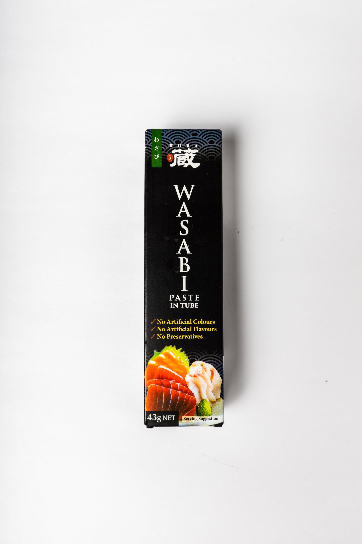 A 4.5g package of Wasabi Paste in Tube by the brand Nisshin, featuring a black box with white text and sushi illustrations at the bottom, set against a plain white background.