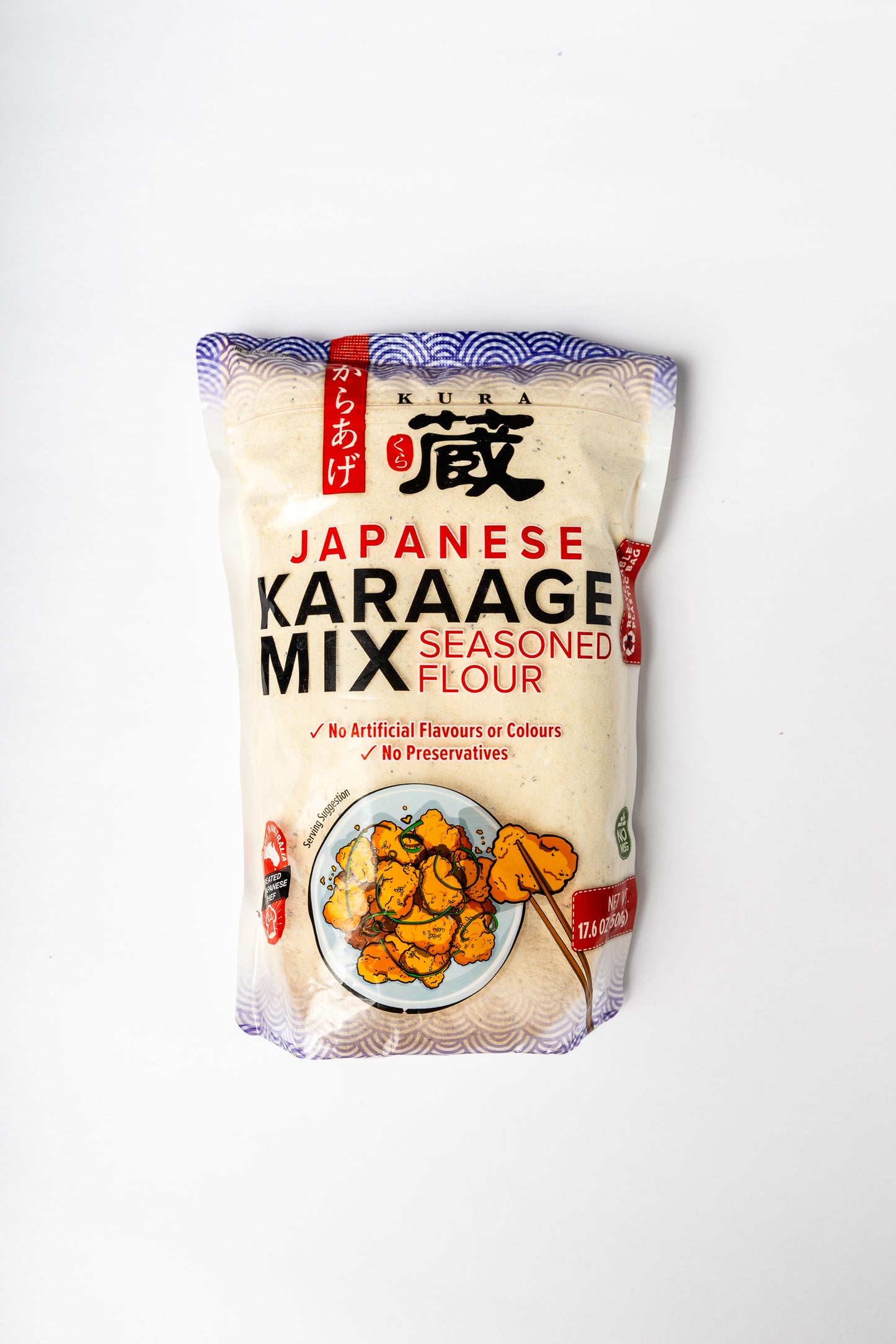 A package of Kera Japanese Karaage Mix Seasoned Flour, featuring a cream-colored bag with red and black text and a graphic of fried fish on a plate, set against a plain white background.