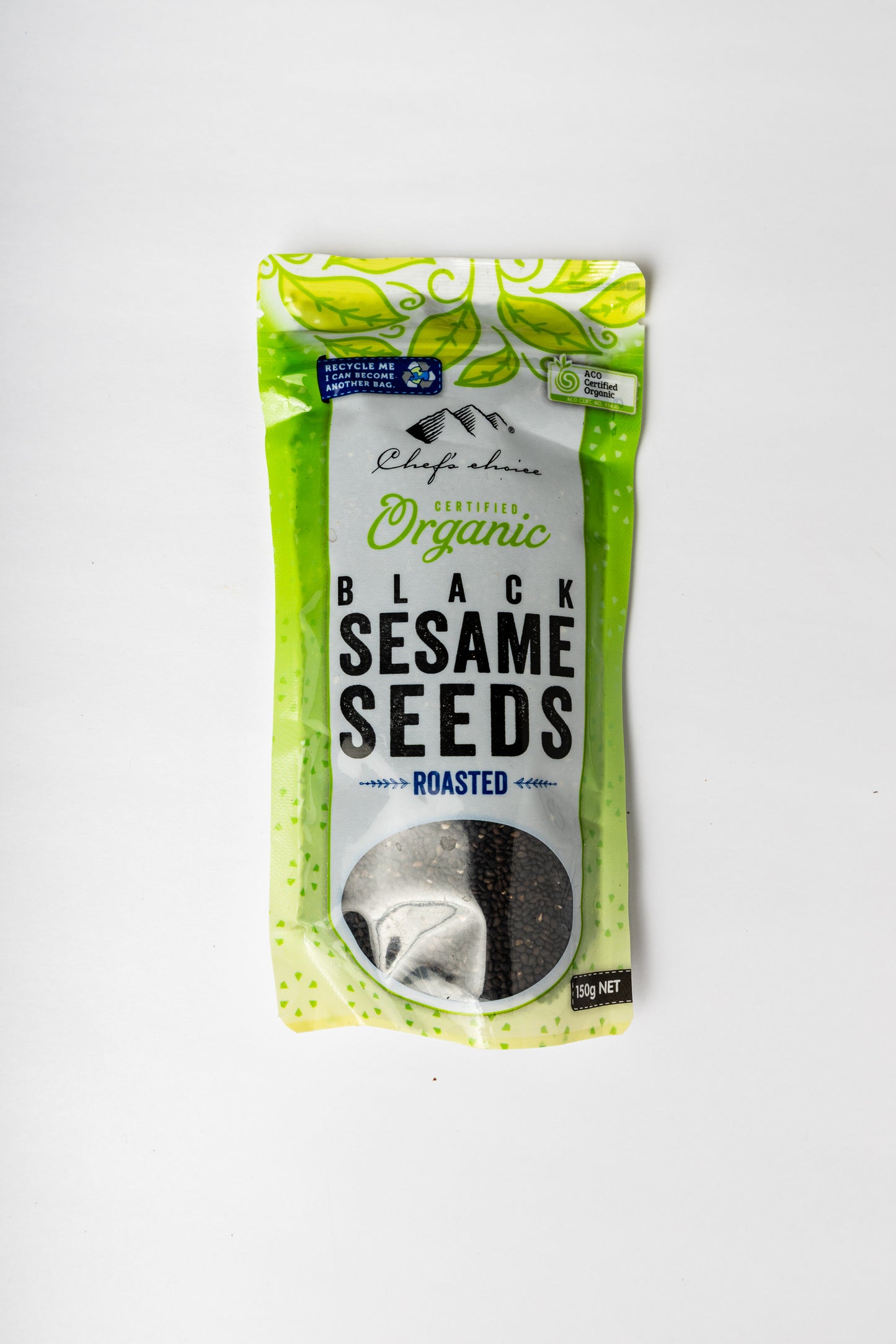 A package of Crafts Choice Organic Black Sesame Seeds, Roasted, in a green and white stand-up pouch with a clear window showing the black seeds inside, shot on a plain white background.