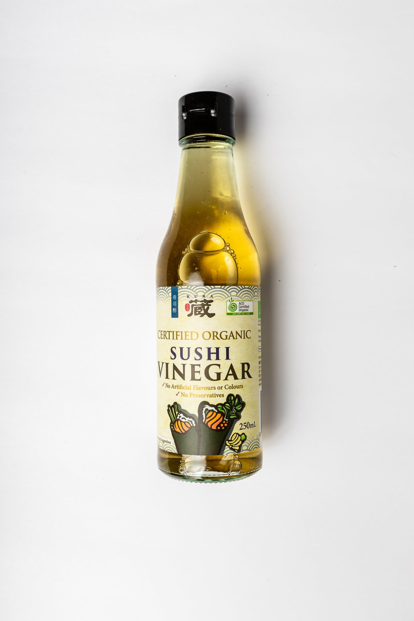 A bottle of Certified Organic Sushi Vinegar with a black cap and a cream-colored label, shown on a plain white background.