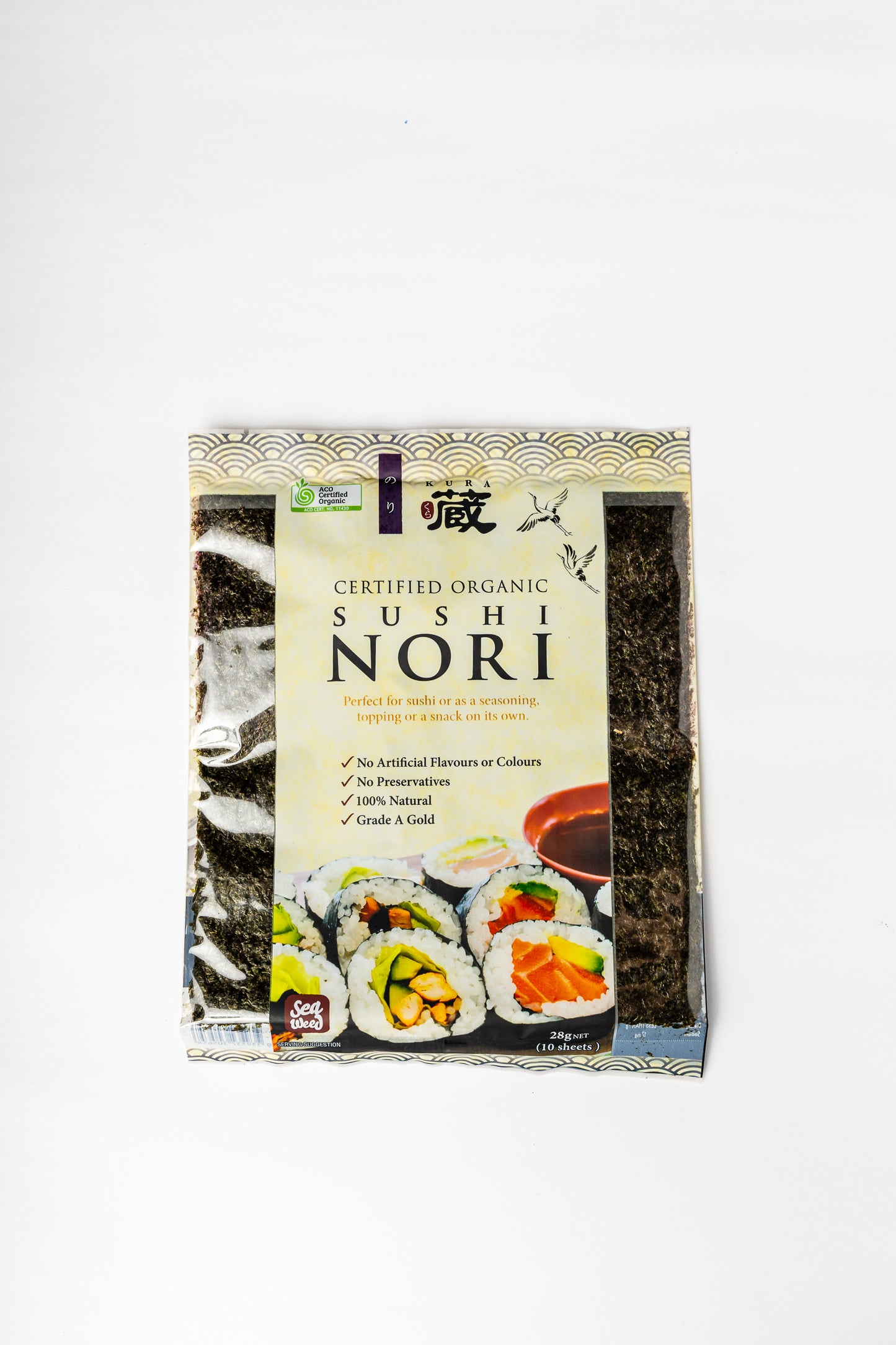 A package of Certified Organic Sushi Nori seaweed sheets, featuring a beige and white label with sushi illustrations and a clear window showing the dark nori sheets inside, set against a plain white background.